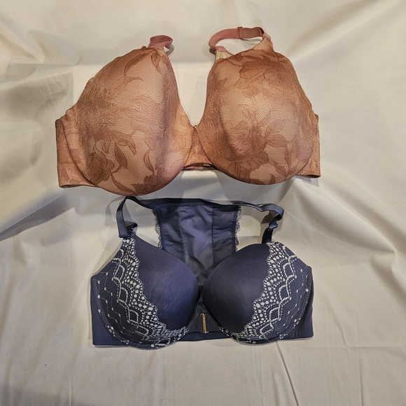 Cacique Other - Cacique 46DD Bra Bundle Mauve Lace & Navy Blue RacerBack Smoothing Full Coverage